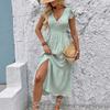 Women's Summer New V Neck Slit Fresh Light Green Texture Dress