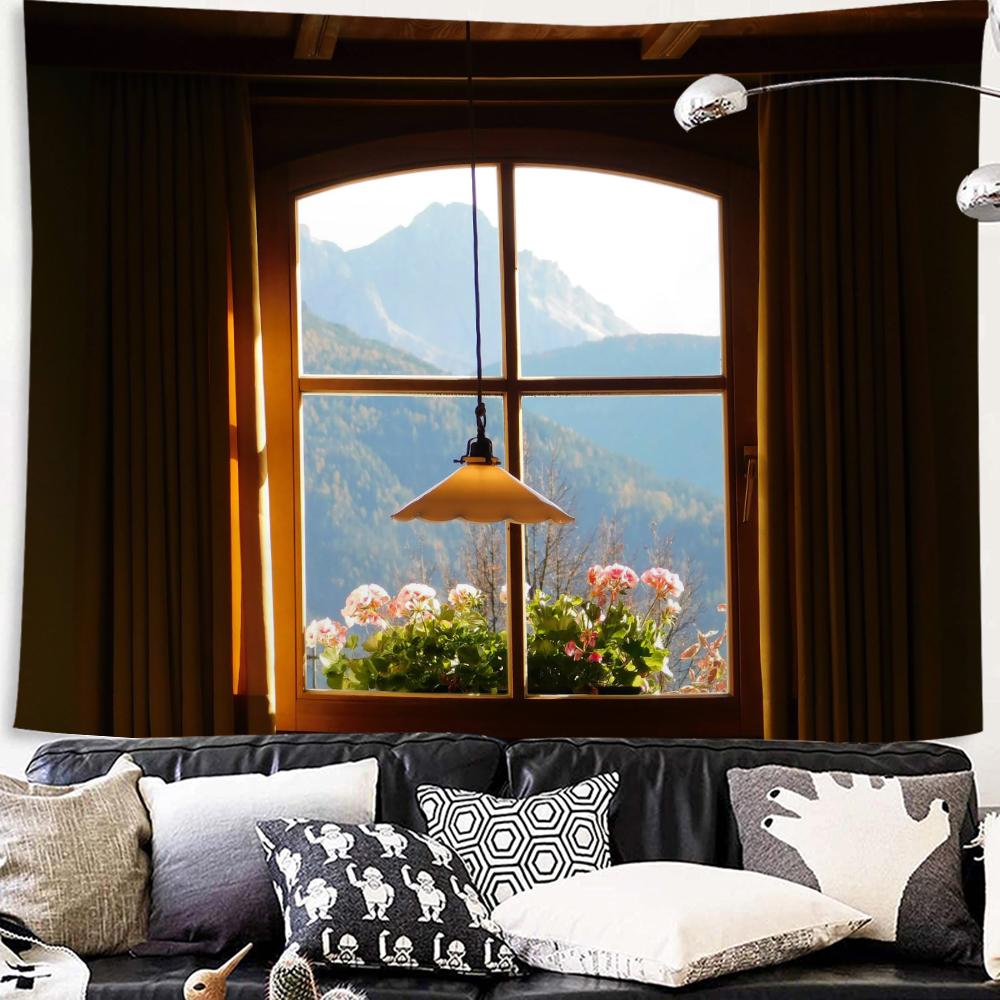 Подвесной домашний декор Настенный гобелен Имитация окна Вид на горы Гобелен Морское окно Лесная стена