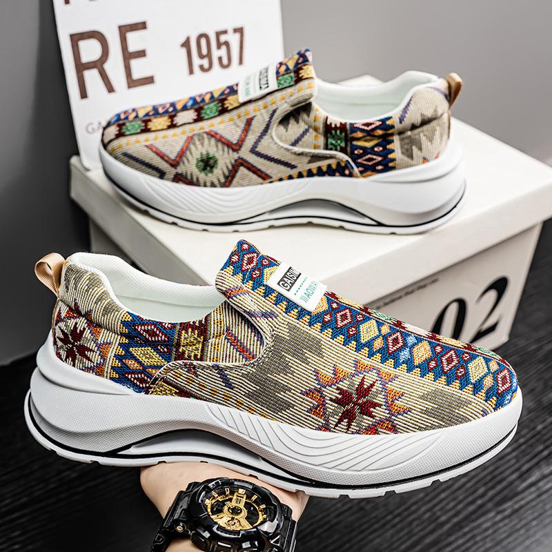 Весенняя новая обувь для мужчин парусиновые повседневные туфли трендовый принт на толстой подошве плоские туфли для скейтборда молодежные лоферы слипоны