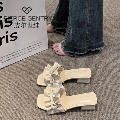 Французские сандалии высокого класса летняя одежда жемчуг маленький ароматный темперамент ниша шлепанцы на толстом каблуке