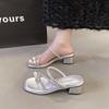 French Pearl Cover Toe Cool Slippers Fairy Shoes Wear 2025 New Summer Temperament Rhinestone Middle Heel Sandals