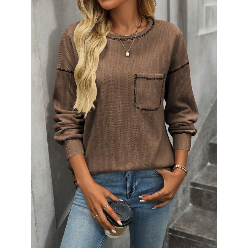 Женские модные повседневные весенне-осенние однотонные блузки и рубашки с круглым вырезом с длинными рукавами и принтом