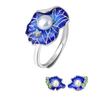Buyee 925 Sterling Silver Ethnic Jewelry Sets 8mm Pearl & Blue Enamel Lotus Sweet Earring Ring for Woman Excellent Jewelry Sets