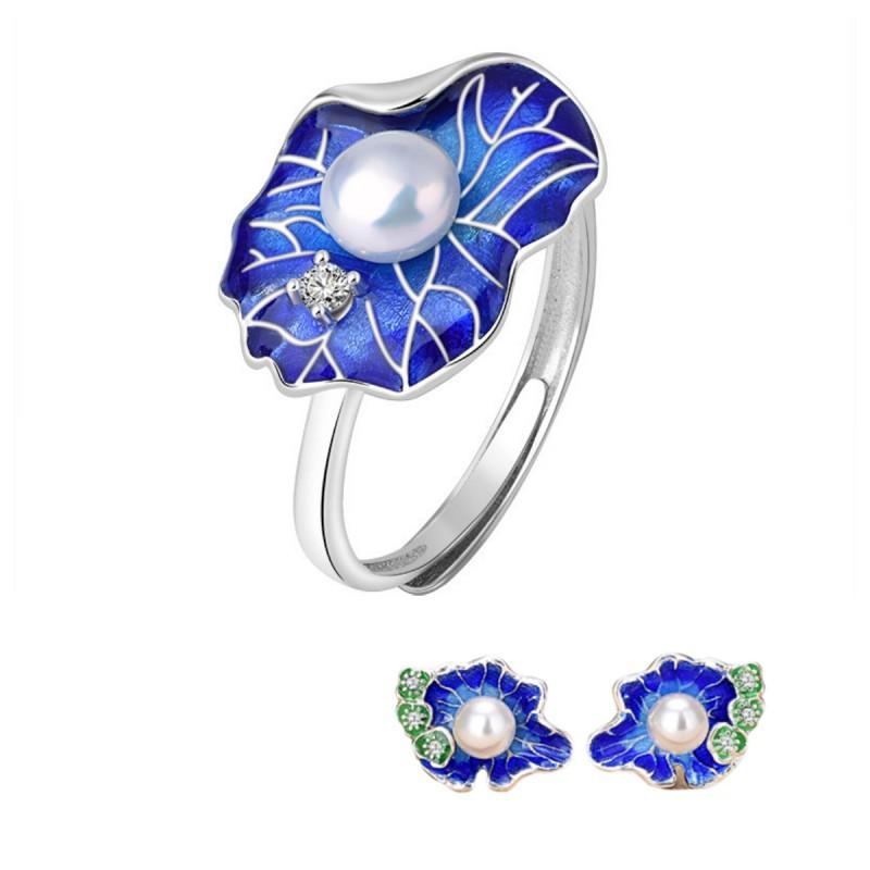Buyee 925 Sterling Silver Ethnic Jewelry Sets 8mm Pearl & Blue Enamel Lotus Sweet Earring Ring for Woman Excellent Jewelry Sets