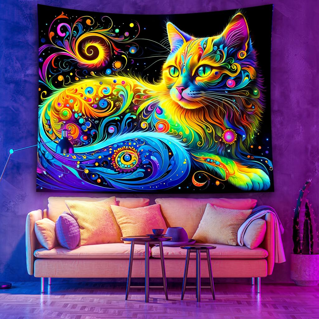 Psychedelic Cat Fluorescent Tapestry Outer Space UV BlackLight Tapestry, Wall Hanging For Living Room Bedroom Office Home Decor