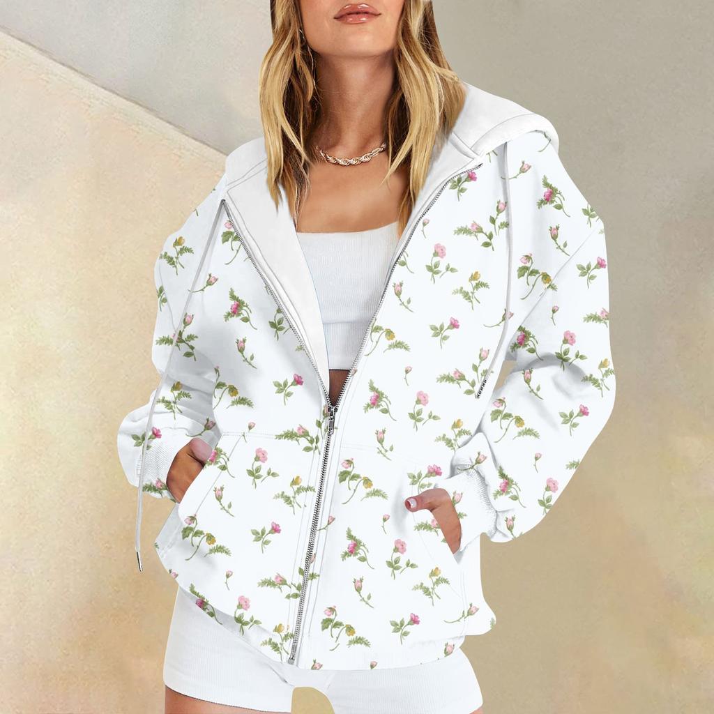 Женская мода повседневная спортивная одежда с цветочным принтом на осень и зиму с длинными рукавами и карманами, куртка-кардиган с капюшоном на молнии, куртка