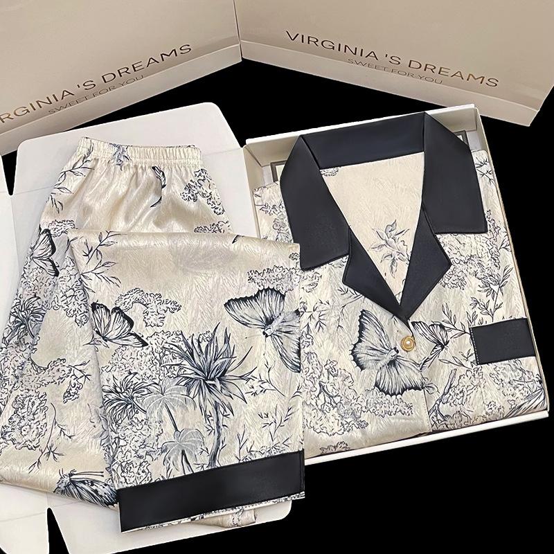 Пижамы в стиле ретро с рисунком тушью для женщин, весна/лето, короткие рукава и длинные брюки, домашняя одежда из атласного шелка, роскошные модные пижамы