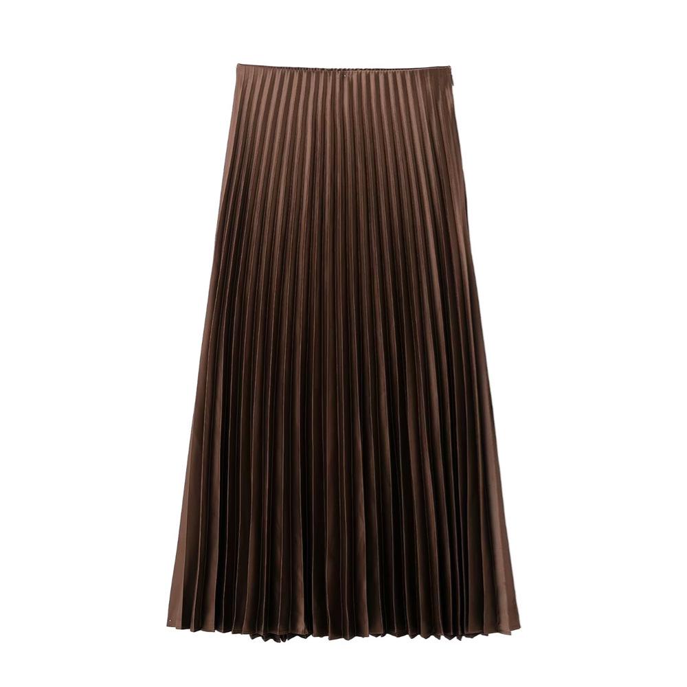 Весна 2025 Женская приталенная миди-юбка из шелкового сатина с плиссировкой и высокой посадкой