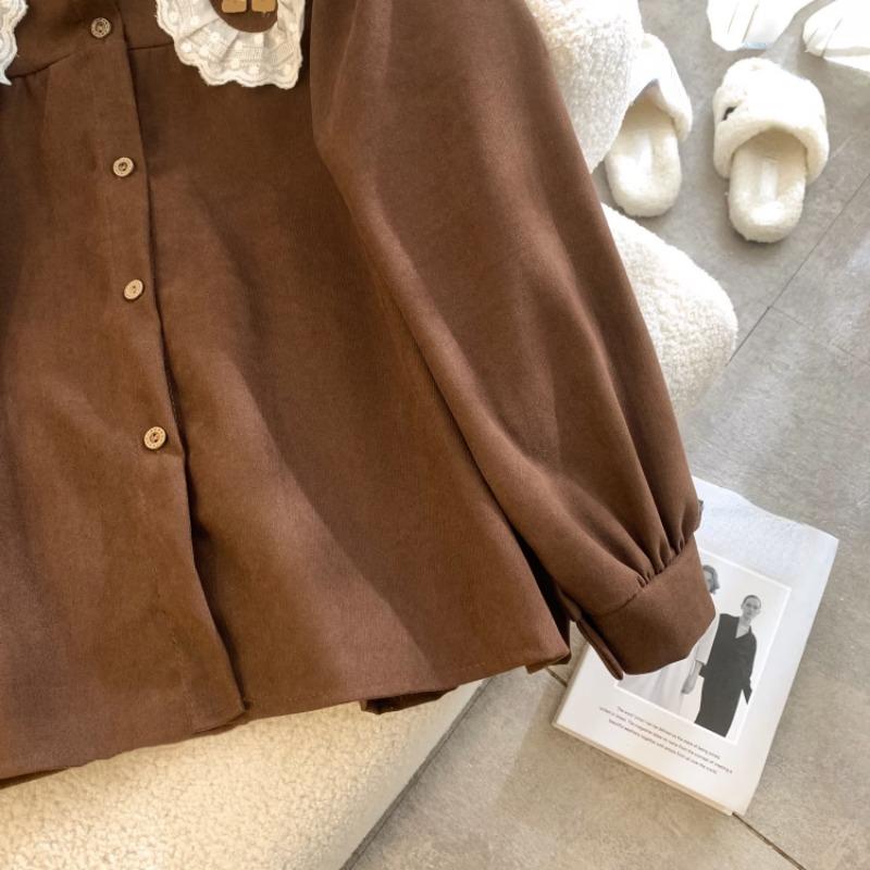 Модные винтажные блузки с воротником Питер Пэн, оборками, нашивками в виде кролика из мультфильма, рубашки, осенний стиль преппи, универсальная одежда для девочек