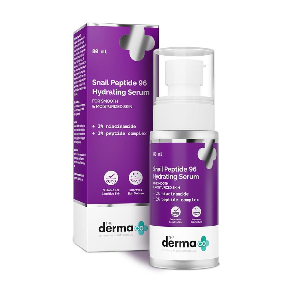 The Derma Co Увлажняющая сыворотка с пептидами улитки 96% для гладкой, увлажненной кожи. Легкая, нежирная. Ежедневная сыворотка для лица. 80 мл