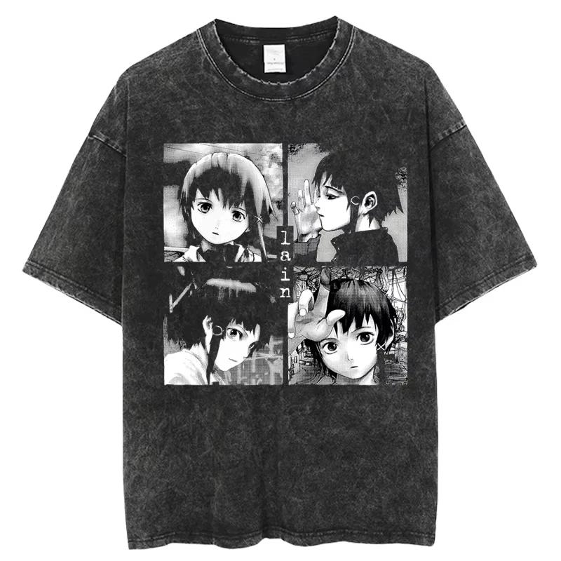 Anime Serial Experiments Lain Vintage Washed T Shirt Summer Men Women Tshirt Cotton Harajuku Oversized Short Sleeve Tees Tops