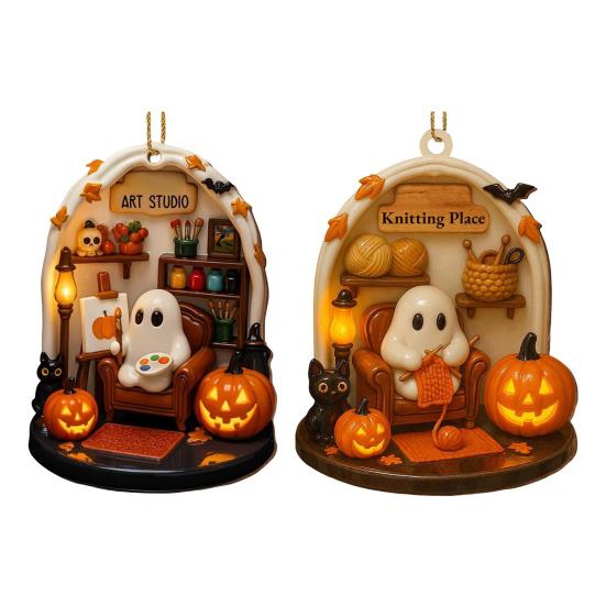 Halloween Ghost Ornament Acrylic Ghost-Themed Reading Cooking Painting Ornament Tree Hanging Decoration for Indoor Home Decor
