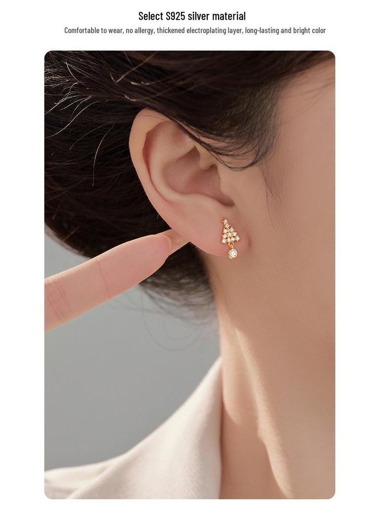 Роскошные серьги-пусеты из стерлингового серебра 925 пробы в виде рождественской елки и звезды с бриллиантами - Изысканный подарок в стиле мори для женщин