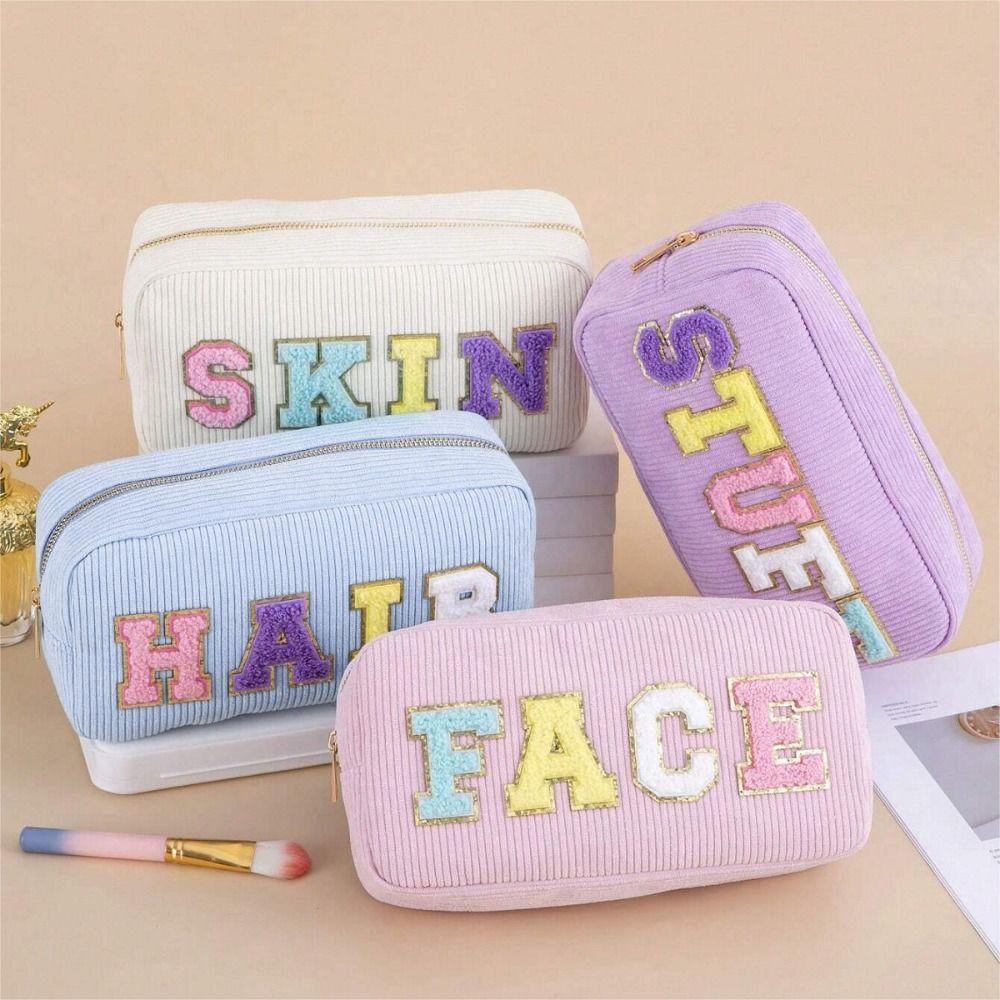 Corduroy Storage Bag Pink Beige Blue Purple Embroidery Letter Travel Makeup Bag High Capacity Lipstick Organizer Women Girls