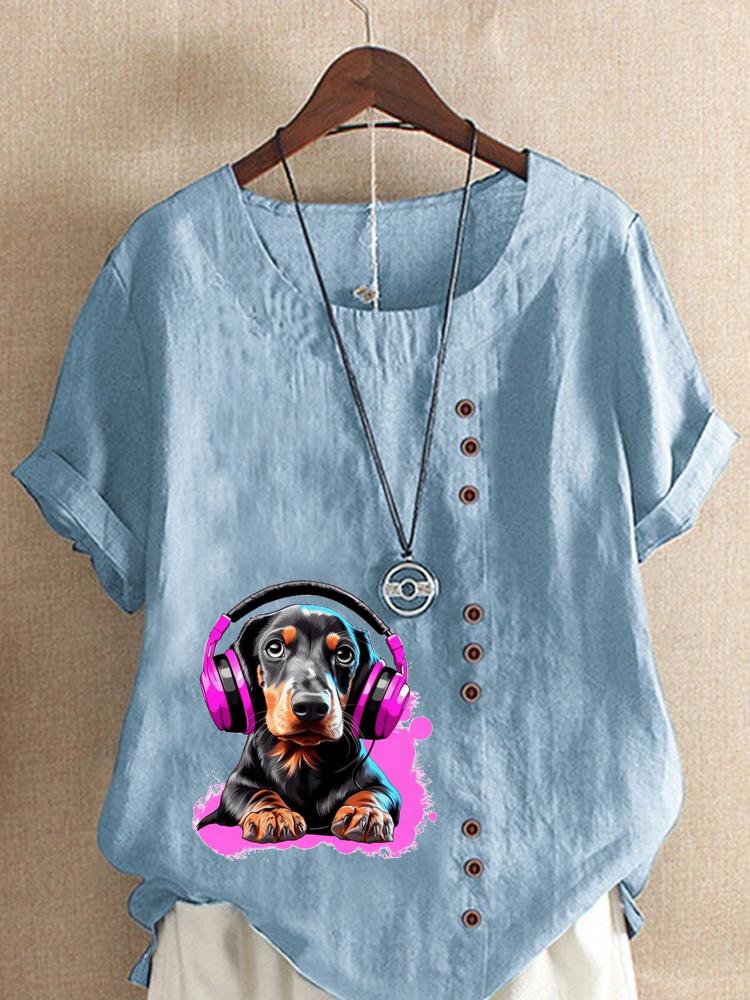 Women's Fashion Colorful Dog Print Round Neck Short Sleeve T-shirt Casual Cotton Linen Graphic Shirt Leisure Loose Summer Blouse Tops