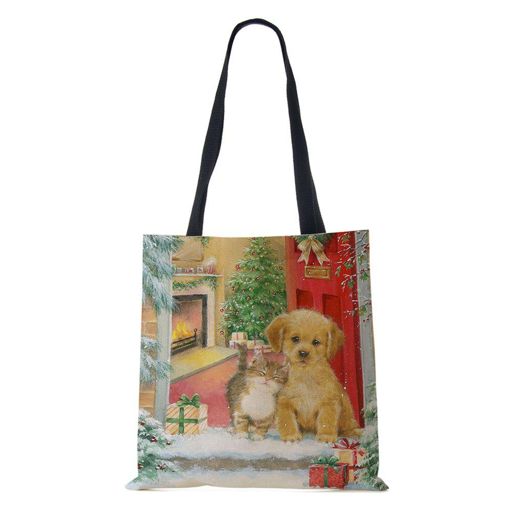 Рождественская елка Подарок Харадзюку Холщовая сумка-шоппер Рождественская собака Женская многоразовая сумка через плечо Большая вместимость Складная сумка для хранения KTY