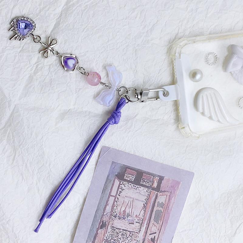Милый бант с бусинами Love Purple Tassel для мобильного телефона, цепочка для ключей, милый брелок для рюкзака, подвеска, сумка, украшение для девочки, подарок