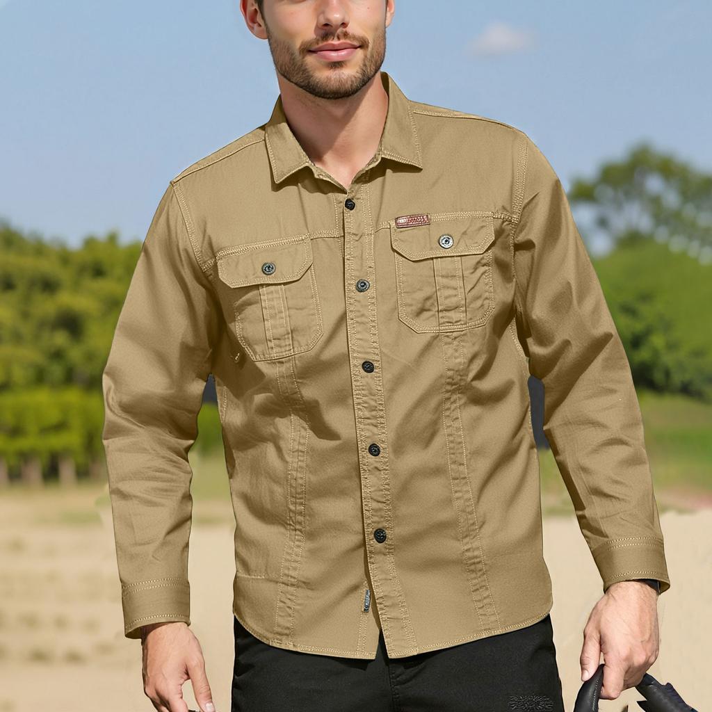 Мужская рубашка с двойными карманами, повседневный топ с длинным рукавом, модный кардиган