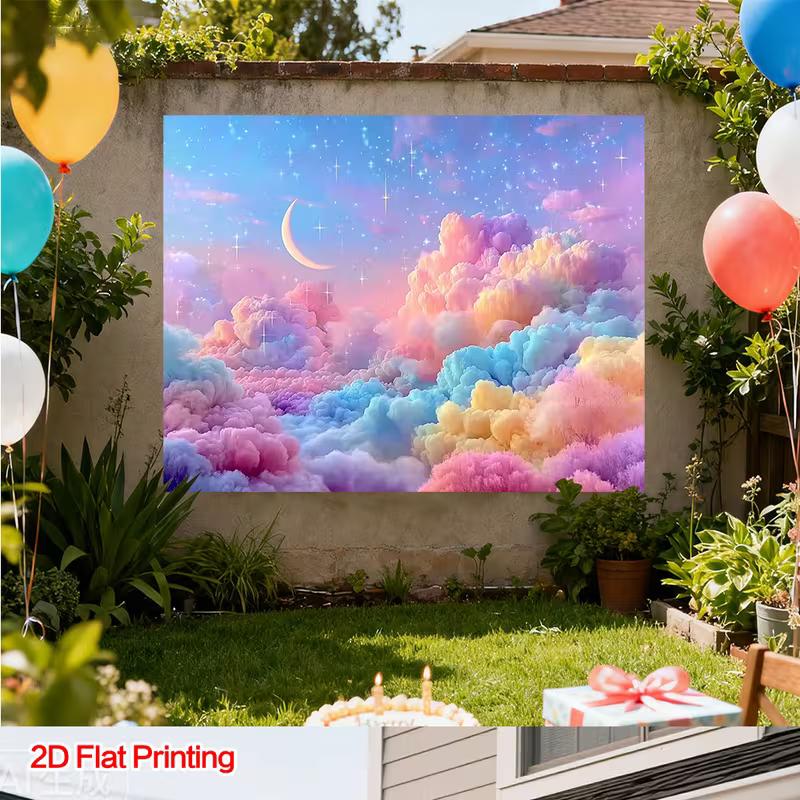 2D Flat Rainbow Cloud Sky Banner Magical Moon Star Backdrop for Kids Party & Photoshoot