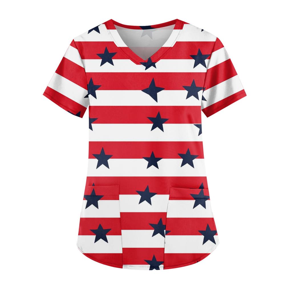 Plus Size Printed Scrub Working Uniform Tops For Women's Cross V Neck Independence Day Print Short Sleeve Fun T-Shirts Workwear Tee With Pockets