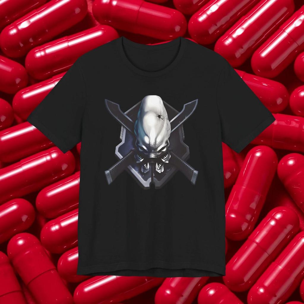 Legendary Alien Skull Halo T-shirt | Crossed Swords Gamer FPS Graphic Tee