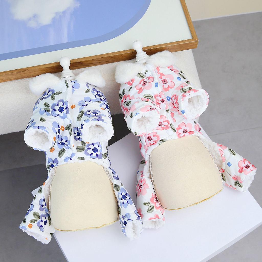 Winter Warm Dog Clothes Autumn and Winter Flower Pet Clothing Teddy Pet Clothes Four Legs Cotton Clothes Dog Outdoor Warm Apparel