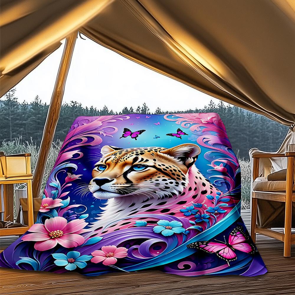 1pc Cheetah Floral Butterfly Throw Blanket Polyester Fiber, Lightweight Flannel, Soft & Warm, All Season Use for Outdoor, Camping Digital Print