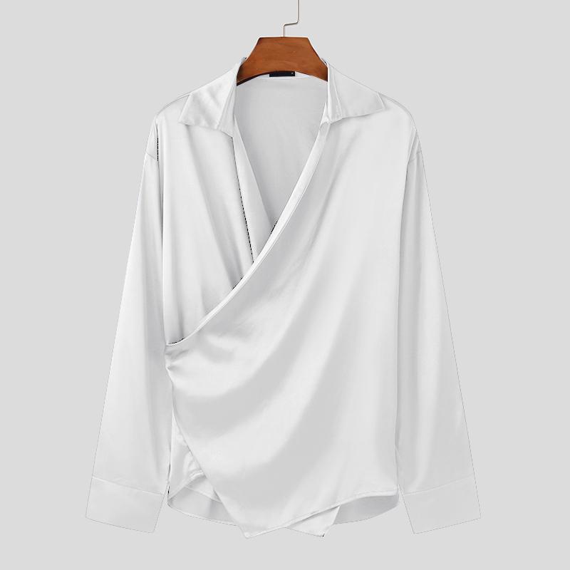 INCERUN Мужские рубашки с V-образным вырезом спереди с перекрестным запахом, атласные топы