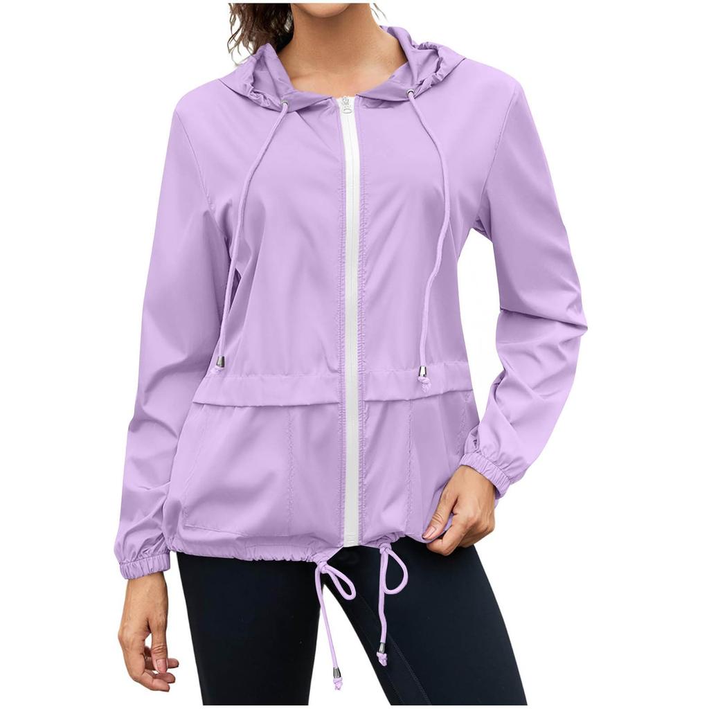 Women's Fashion Solid Color Zipper Hoodie Outdoor Hiking Rainproof Jacket