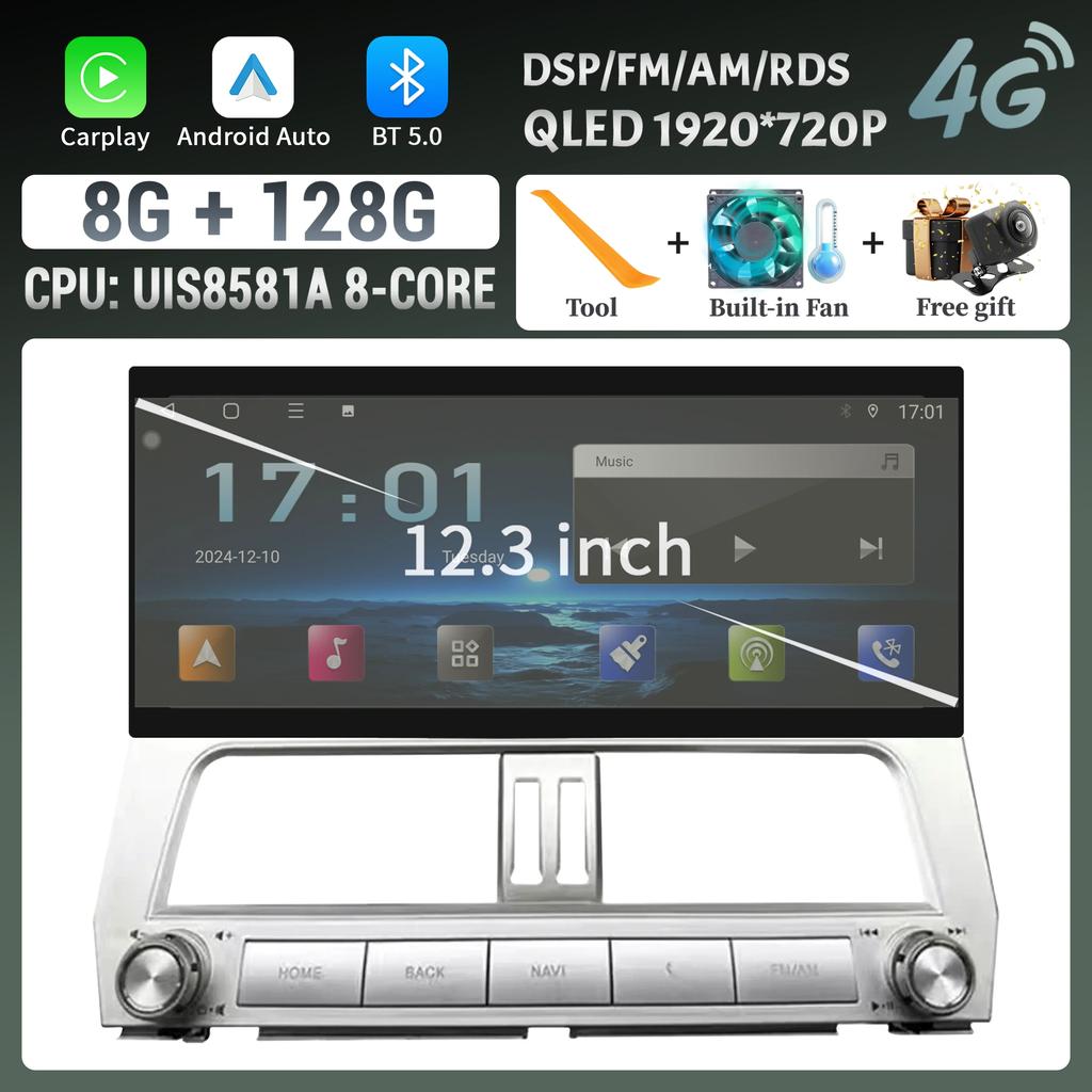 12.3inch Car Radio Multimedia 4G GPS For Toyota Prado 2018-2021 Multimedia Wireless Bluetooth Carplay Touch Head Unit Screen