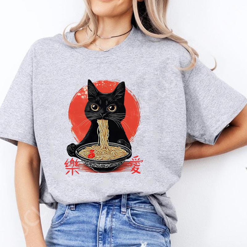 Noodle Cat Женские футболки Смешные Ramen Черная футболка с кошкой Женская одежда Обычные топы с коротким рукавом Женская мода Футболки с мультяшной графикой Женские