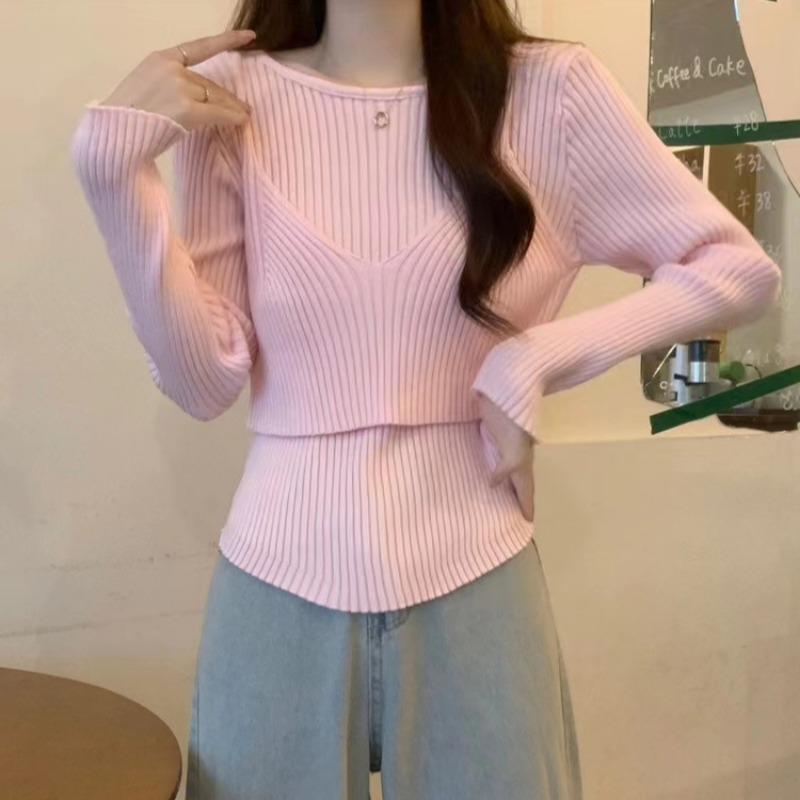 Вязаный женский свитер с длинным рукавом, однотонный, облегающий, с круглым вырезом, пуловер, осень-зима, модный, элегантный трикотаж