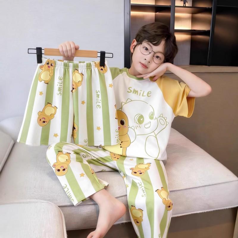 100% Cotton Boys Pajama Set Short Sleeve Long Pants 3-Piece Cartoon Sleepwear Kids Teens Home Wear