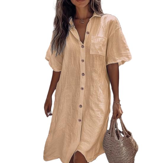 Women Shirt Lapel Short Sleeve Casual Commuter Style Shirt Solid Color Loose