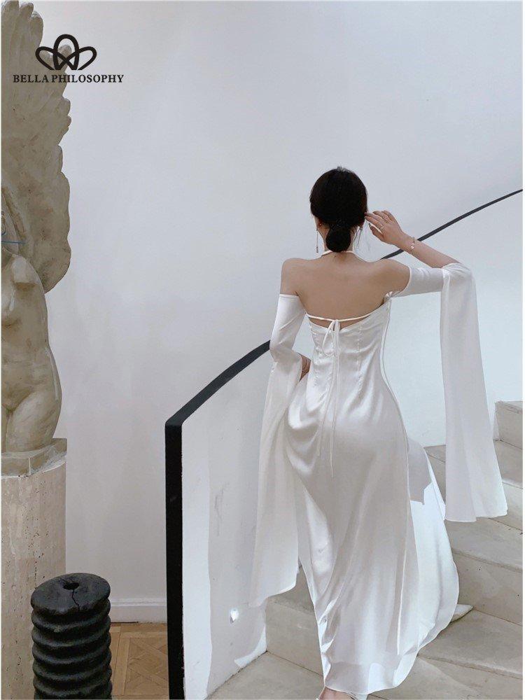 Женское летнее элегантное атласное шелковистое белое коктейльное платье с открытыми плечами, свадебное платье, вечернее платье макси
