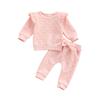 2 Pieces Kids Suit Set, Solid Color O-Neck Long Sleeve Ruffle Tops+ Bowknot Trousers for Girls, Pink, 0-24 Months