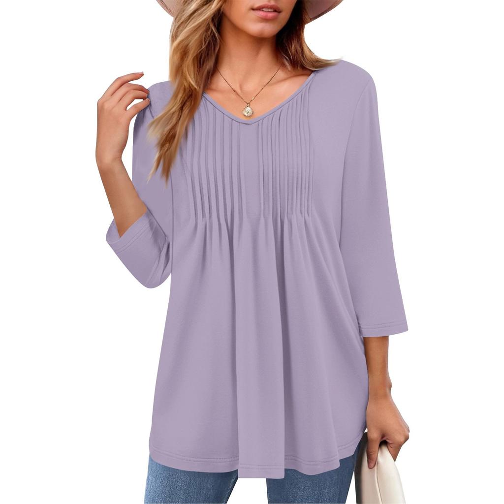 Женские топы с V-образным вырезом и рукавом три четверти в полоску, плиссированные, повседневные, летние, модные, рубашки