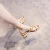 Fashion Versatile Temperament Medium Heel Slippers Women's Summer New Rivet Thick Heel High Heel Cool Slippers Women