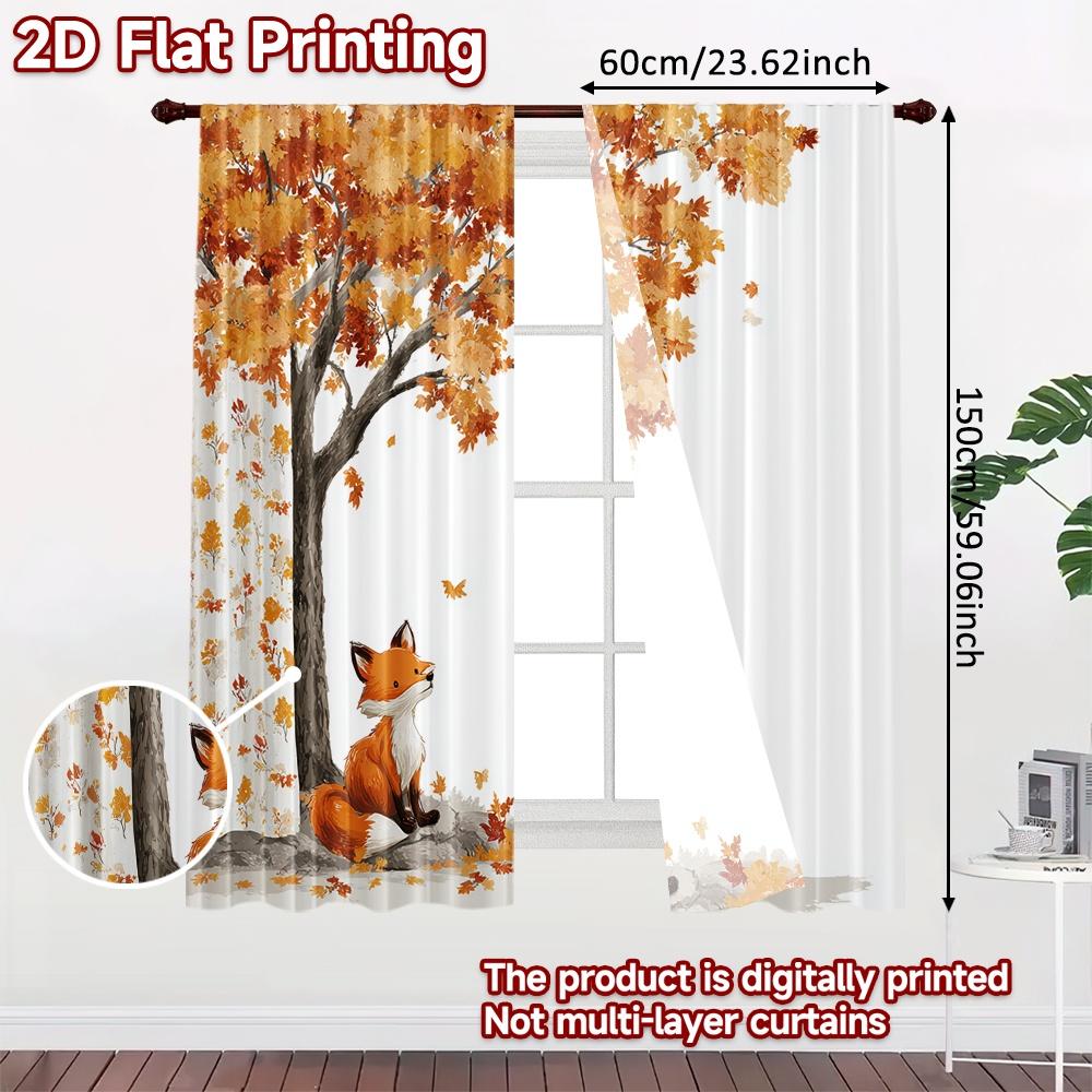 2pcs, 2D FLAT PRINTING Curtains (Without Rod) Autumn Fox(2) Halloween Festival Popular Curtains&Drapes Durable Polyester