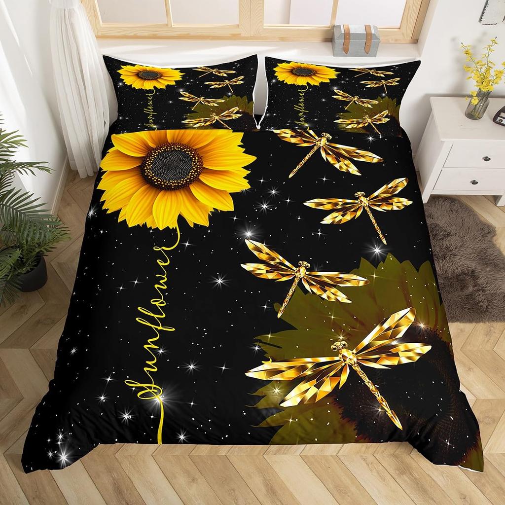 Comforter Yellow Sunflower Queen Blossom Flowers Bedding Set Butterfly Floral Print Comforter Nature Theme Bedroom Decor