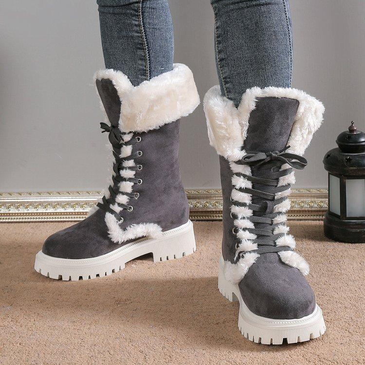 Women's Chunky Heel Platform Snow Boots Winter Warm Faux Fur Lined Slip On Mid-Calf Boots for Women Fleece Lined Faux Suede Lace-Up Round Toe Booties