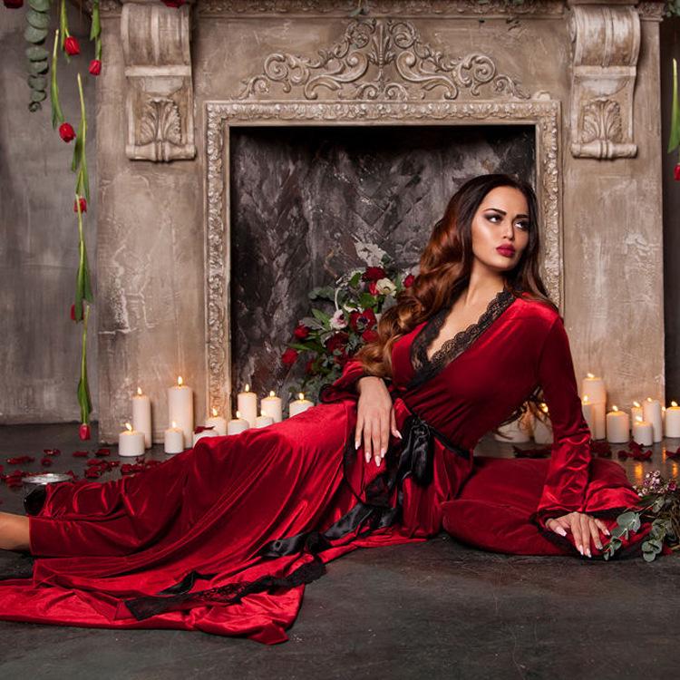 Женский длинный золотой велюровый комплект ночной сорочки и халата – Большой размер, Осень/Зима