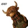 Handcrafted Texture Ornament Christmas Highland Cow Figurine, Cute with Retro Plaid Clothing for Farmhouse Holiday Indoor Decorative Collectible
