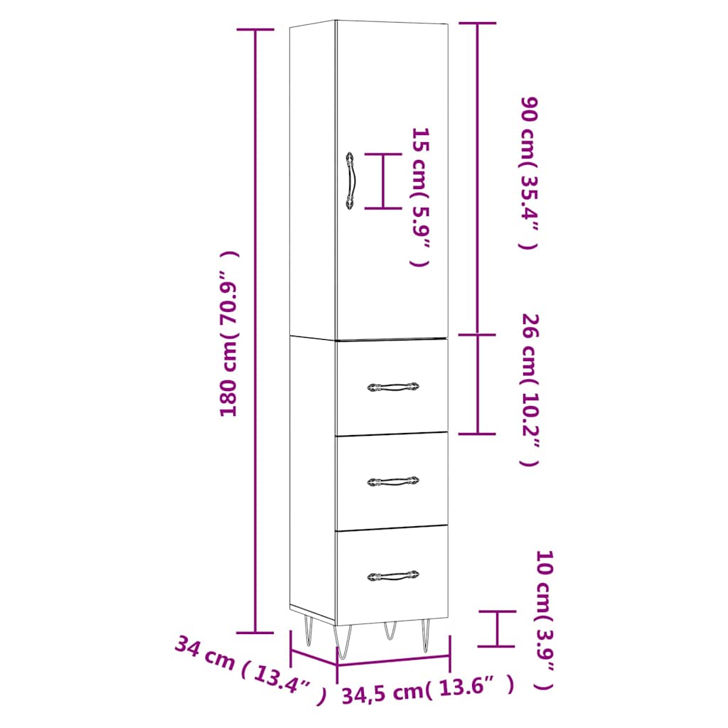 Highboard White 34.5x34x180 cm Particleboard