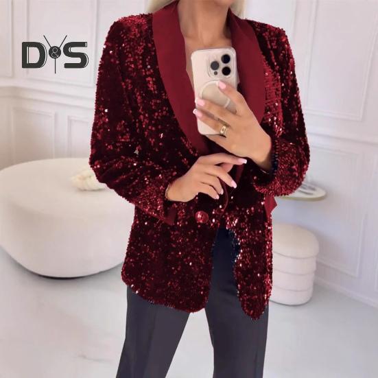 Женский пиджак с лацканами и длинными рукавами на пуговицах, пиджак с блестками, осенне-зимняя деловая верхняя одежда для уличной вечеринки