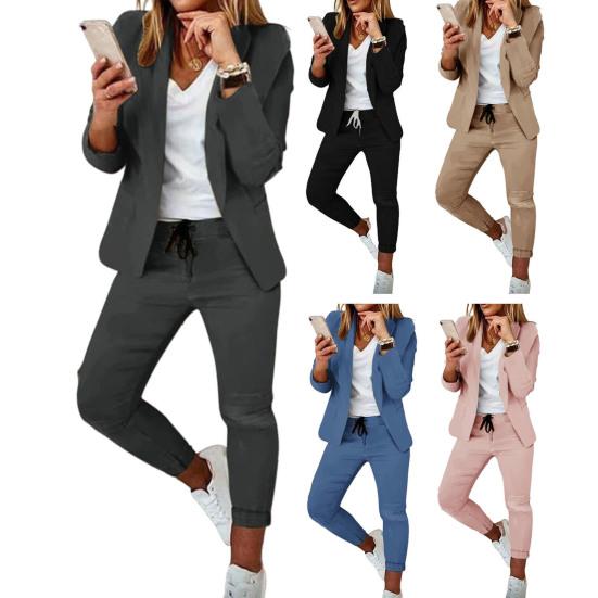 2 Pcs/Set Women Coat Pants Set Business Set Long Sleeves Solid Color Drawstring Elastic Waist Lapel Slim Fit Pants Blazer Trousers Suit