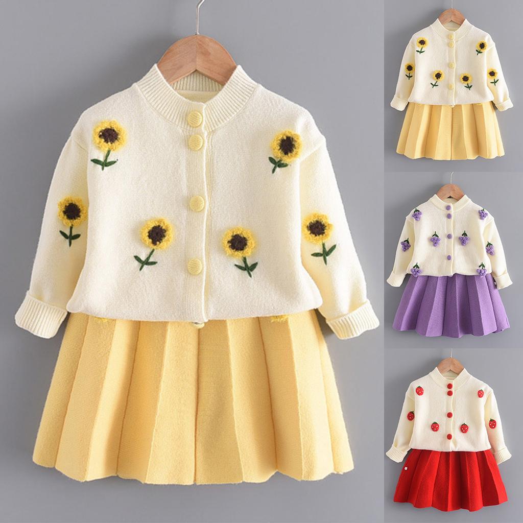 Toddler Kids Children Baby Girls Floral Knitted Cardigan Sweater Coats Skirt Set