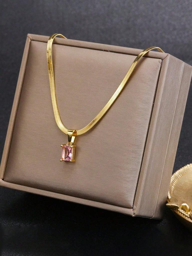 1pc Minimalist Square Cubic Zirconia Pendant Stainless Steel Blade Chain Necklace For Women, Suitable For Daily Wear And Gift
