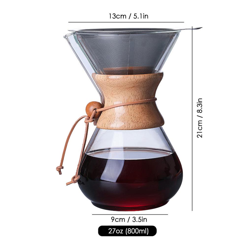 Pour Over Coffee Maker 27oz Paperless Glass Carafe with Stainless Steel Filter Reusable Glass