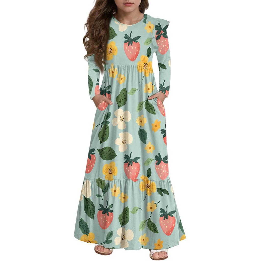 Girls' Tiered Ruffle Dress - Long Sleeve Printed Maxi With Pockets